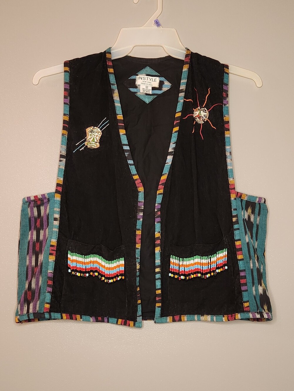 Vintage InStyle Beaded Western Tribal Corduroy Vest Size Medium